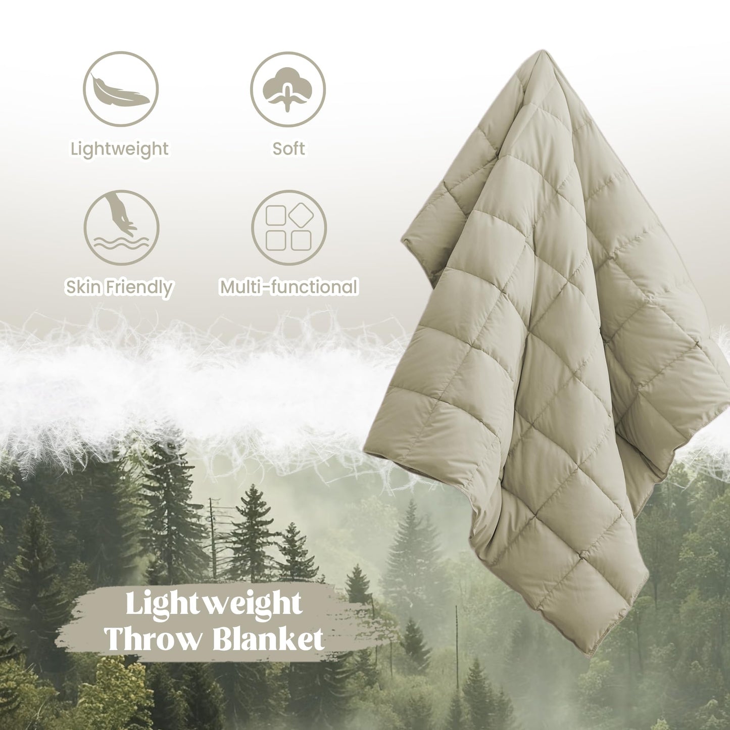 puredown® Soft Feather Down Throw Blanket Lightweight Packable Couch Throw for Indoor and Outdoor Use, Throw 50"X70", Beige