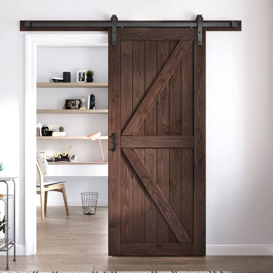 FREDBECK 36in x 80in Brown Barn Door with 6.6ft (79inch) Barn Door Hardware Track Kit and Handle Included, Double Surfaces,Simple Assembly is Required,K-Frame,Coffee