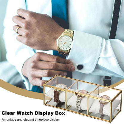 JUXYES Clear Glass Watch Display Case with 3 Slots, Luxury Brass Glass Watch Organizer Holder Stand with White Watch Pillow, Modern Transparent Watch Collection Box for Men and Women, Gold