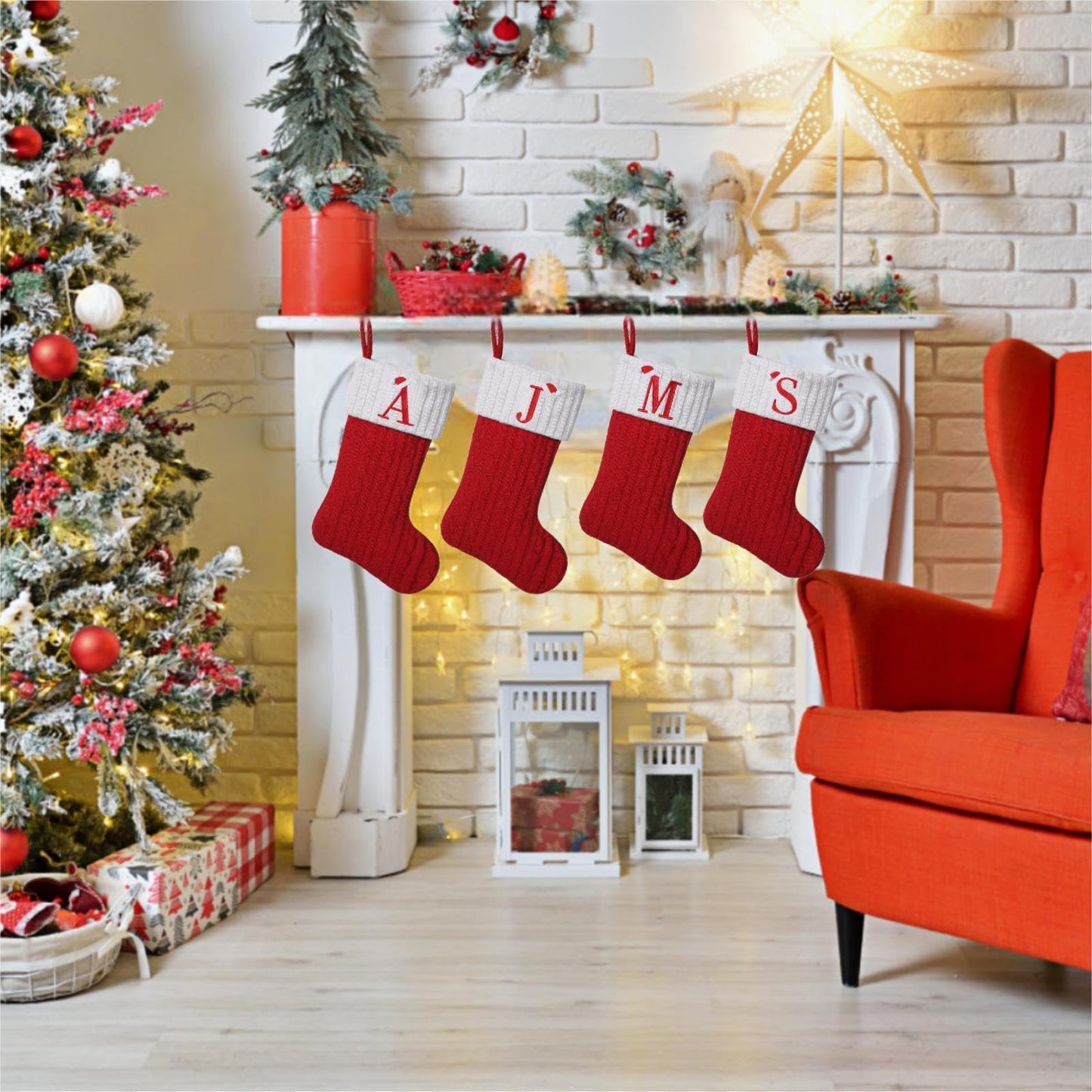 Yehnois 19.5 inch Red Knit Christmas Stockings,Personalized Embroidered Letter Christmas Stocking,Family Holiday Xmas Party Decor (Initial M)