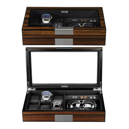 Lifomenz Co Men's 6 Slot Watch Box, 8 Pair Cufflinks & Sunglasses Display Case, Brown PU Leather & Glass Top