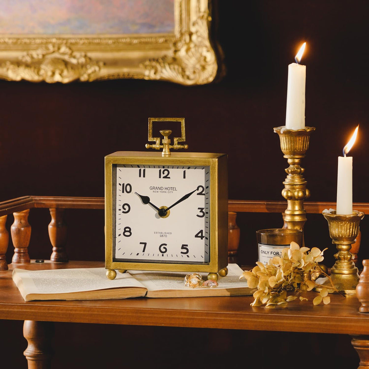 NIKKY HOME Small Gold Table Clock, Silent Non-Ticking Classic Battery Operated Decorative Mantel Desk Shelf Clock for Living Room Decor