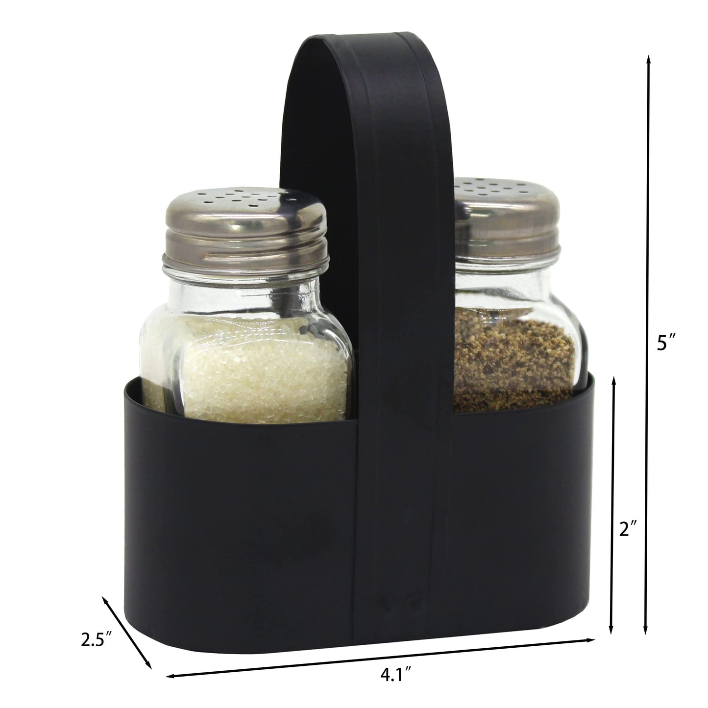 CVHOMEDECO. Salt and Pepper Shakers Set with Black Galvanized Caddy, Rustic Farmhouse Glass Salt and Pepper Shaker Dispensers, Black Metal Holder with Padded Feet, for Home Kitchen Table Decor. Oval