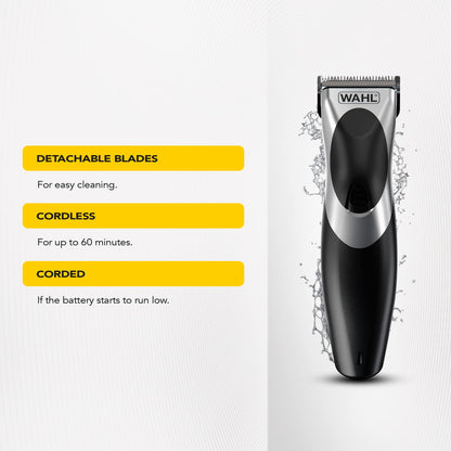Wahl Clip ‘N Rinse Cord/Cordless Hair Clipper, Rechargeable Clipper, Hair Clippers for Men, Male Grooming Set, Corded, Cordless, Washable Head, Home Hair Cutting