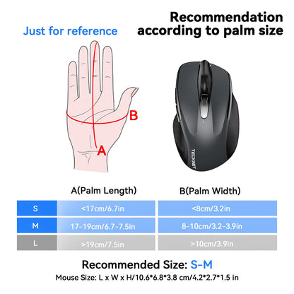 TECKNET Rechargeable Jiggler Wireless Mouse (BT5.0/3.0 & 2.4G) 4800 DPI Silent USB A & Bluetooth Mouse 6 Buttons, Wide Compatibility - Black