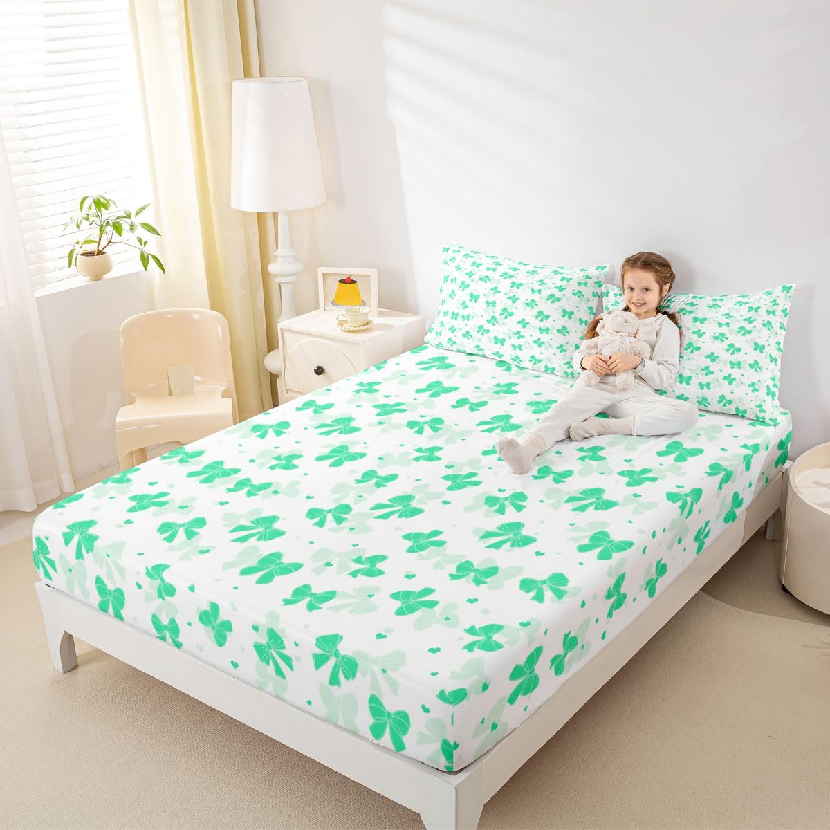jejeloiu Green Bow Fitted Sheet Twin Size for Kids Boys Girls Bowknot Bed Sheets Set 16" Deep Pocket Soft Breathable Microfiber Bow Tie Bedding with 1 Pillowcase Dreamy Princess Style Room Decor