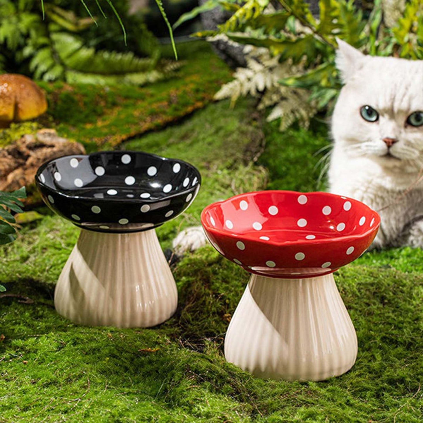 Whimsicalfox Raised Cat Bowl, Cute Mushroom Pet Feeder, Elevated Small Dog Food Bowl, Ceramic Pet Bowls for Food and Water, Wide Shallow Cat Dish, Whisker Fatigue (Black)