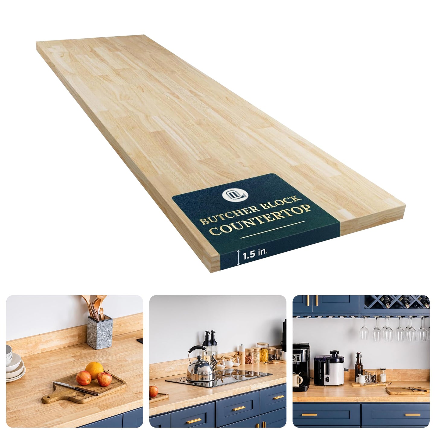 AllForWood Hevea Solid Wood Butcher Block Table Top 60''L x 25''W x 1.5''Thick, Desk top, Unfinished Butcher Block Countertop for DIY Desktop/Kitchen Countertop (Unfinished)