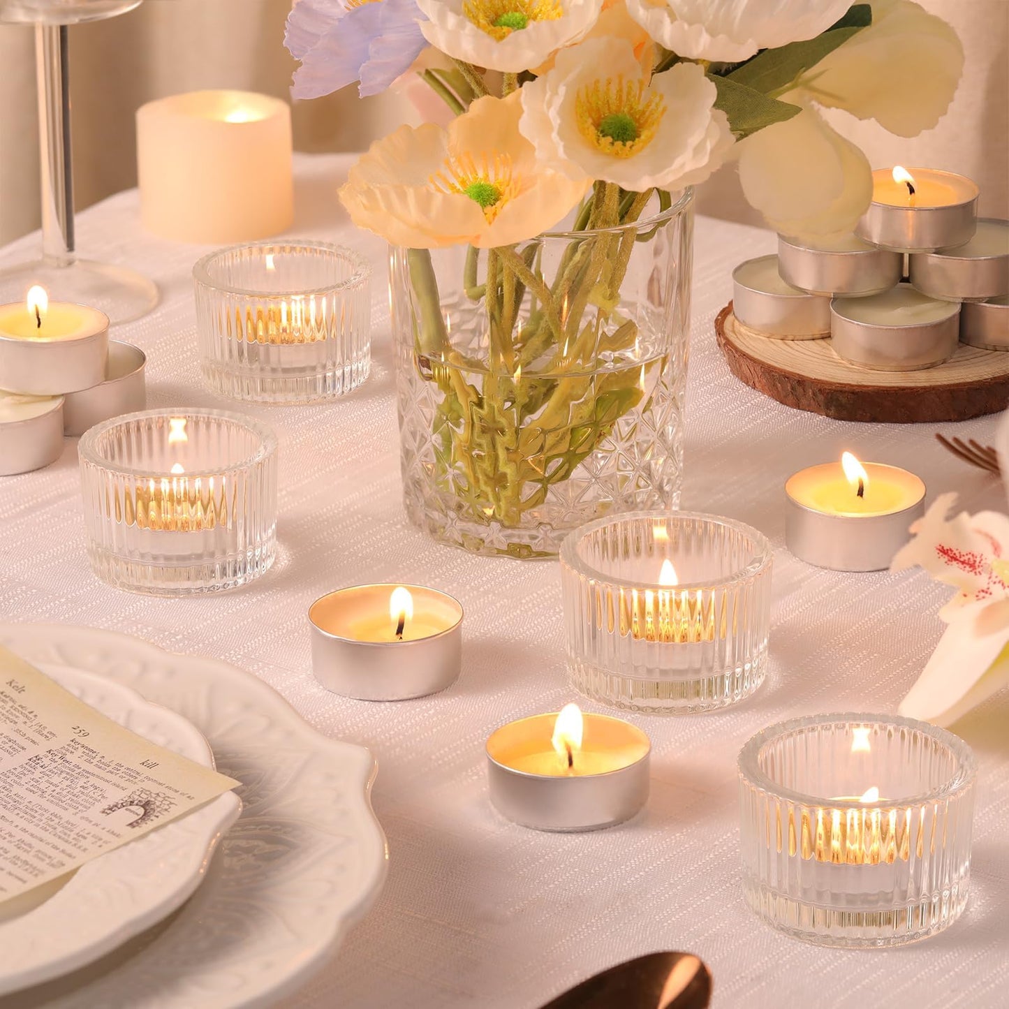 HAVITI 36 Pcs Clear Tealight Candle Holders with 36PCS Tea Lights Candles, Glass Votive Candle Holders Set for Table Centerpiece, Home Decor and Party Supplies