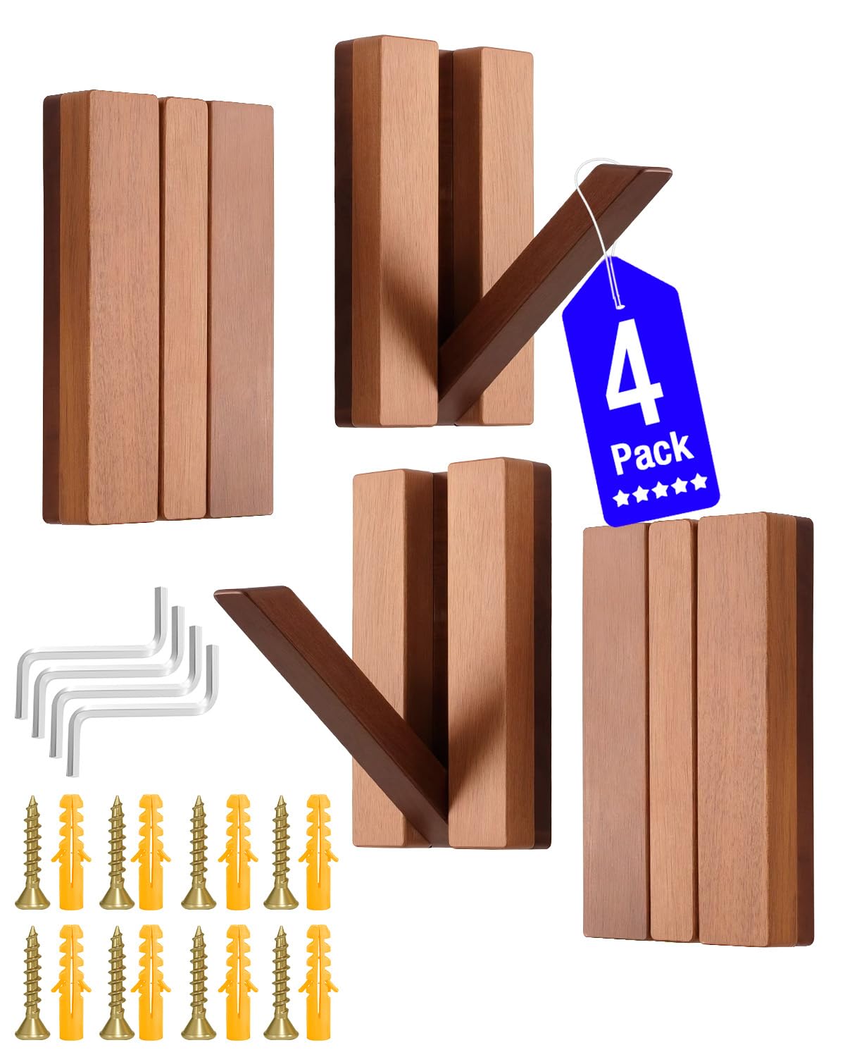 NHWNHW Wooden Hooks for Wall, Folding Wall Hooks, Decorative Coat Hooks Wall Mount for Coats, Hats, Bags, Towels, Saving Rustic Design for Functional Aesthetic Home (4)