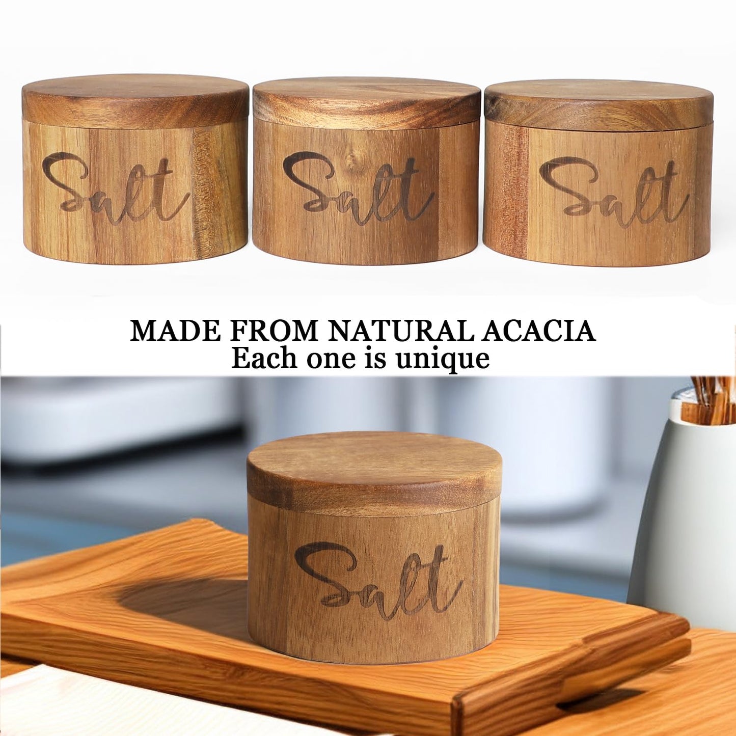 Acacia Wood Spice Boxs with Swivel Cover for Kitchen Countertop,Salt Keeper with Built-in Spoon,Modern Farmhouse Kitchen Decoror for Storing Seasonings (Labeled Salt)