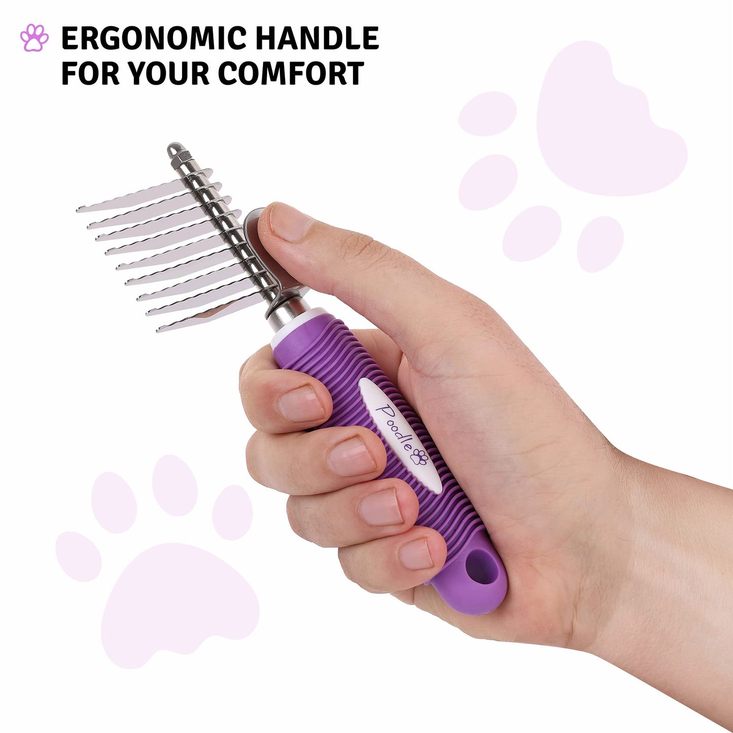 Poodle Pet Dematting Fur Rake Comb Brush Tool with Long 2.5” Steel Safety Blades for Detangling Matted or Knotted Undercoat Hair, Safe Grooming Accessories for Dogs, Longhaired Cats, Rabbits, Horses