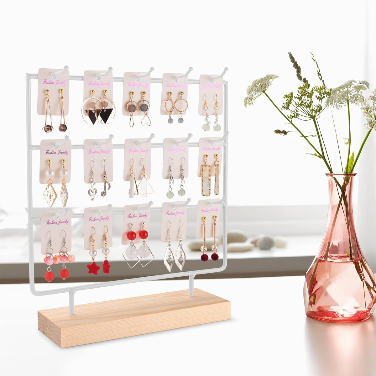 shidaishiye Earring Display Stand for Selling, Wood Earring Rack Tower Display Holder Stand (3 Tier,15 Hooks, White)