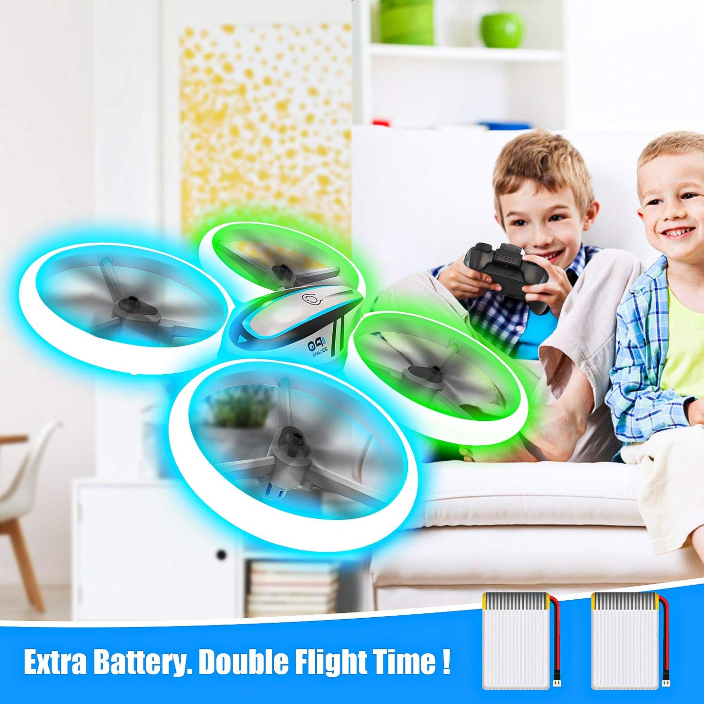 AVIALOGIC Q9 Drones for Kids,RC Drone with Altitude Hold and Headless Mode,Quadcopter with Blue & Green Lights,Propellers Full Protect and Double Batteries,Easy to fly Gift Toy for Boys and Girls