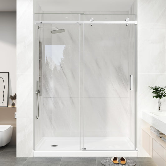 KPUY Frameless Shower Door, 43-48" W x 76" H Sliding Glass Shower Door, 1/4" (6mm) Thick Tempered Clear Glass with Explosion-Proof Film Nano Coating in Brushed Nickle Finish