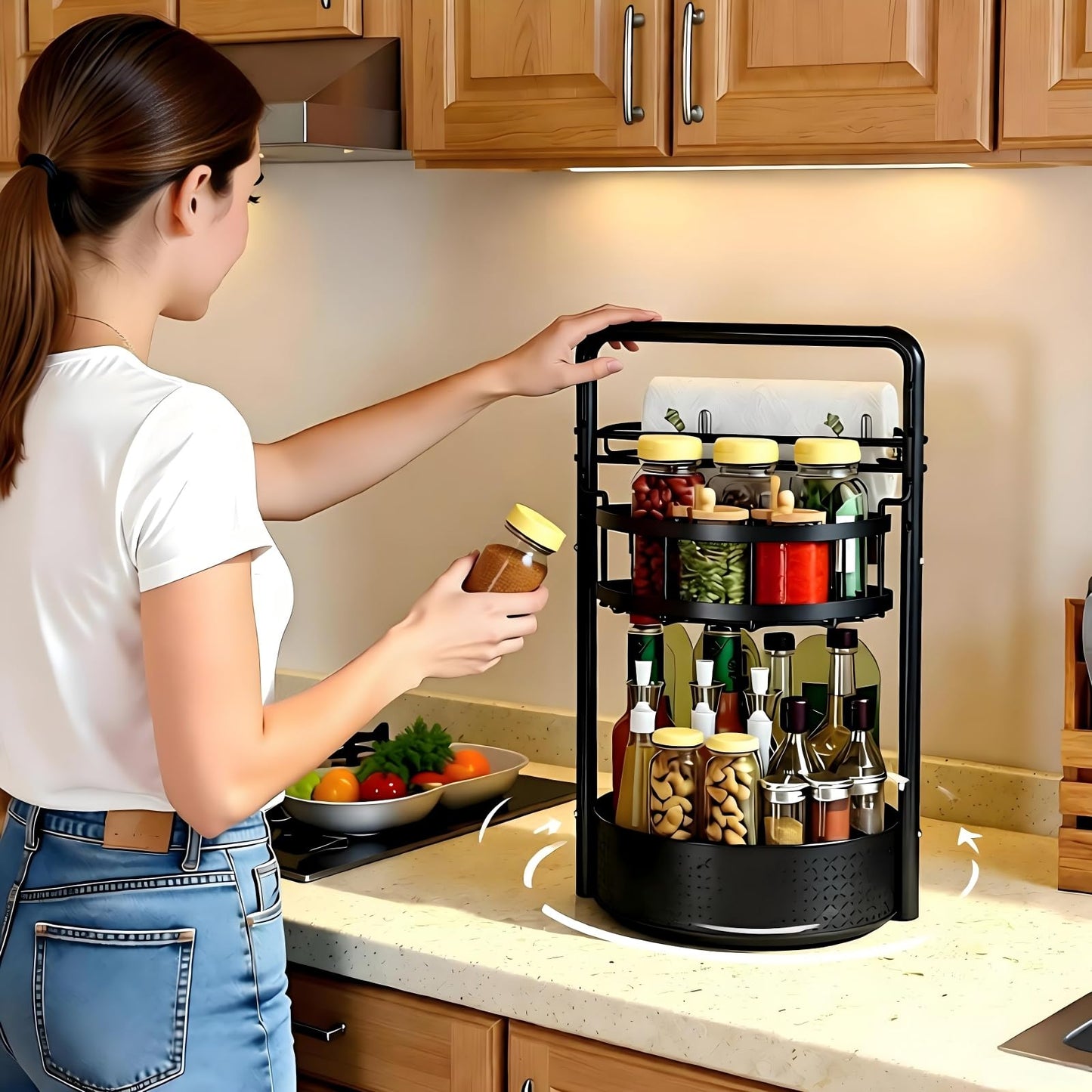 JEESA Rotating Spice Rack with Paper Towel Holder, Black
