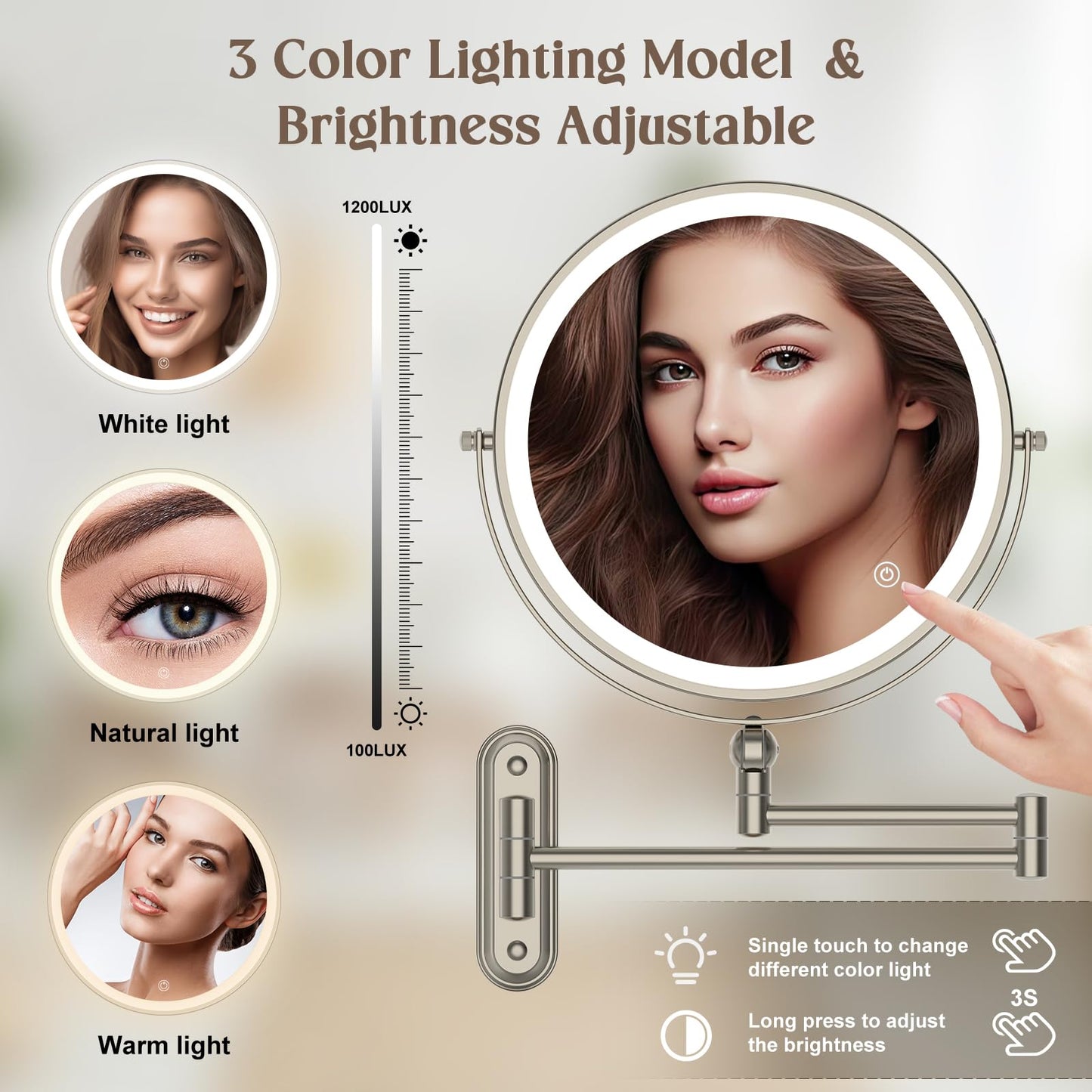 9" Wall Mounted Makeup Lighted Mirror, 4000mAh Rechargeable Double Sided LED Vanity Mirror with Height Adjustable&1X/10X Magnification, 3 Color Lights Touch Screen Dimmable 360°Swivel Bathroom Mirror
