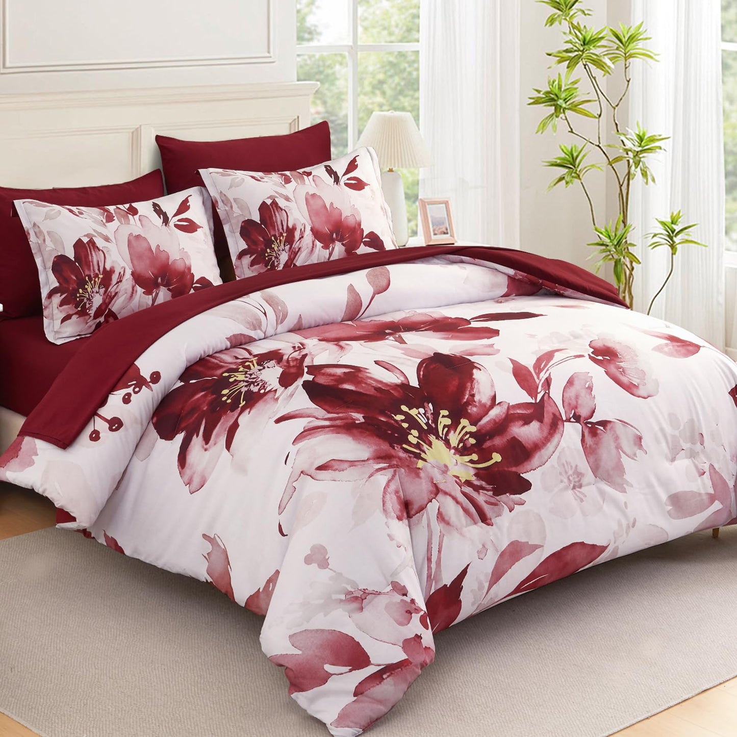 Luxudecor Floral Comforter Set King Size, 7 Piece Burgundy Flower Set Bed in a Bag,Soft Microfiber Farmhouse Shabby Chic Bedding Set for All Season(90"x104")