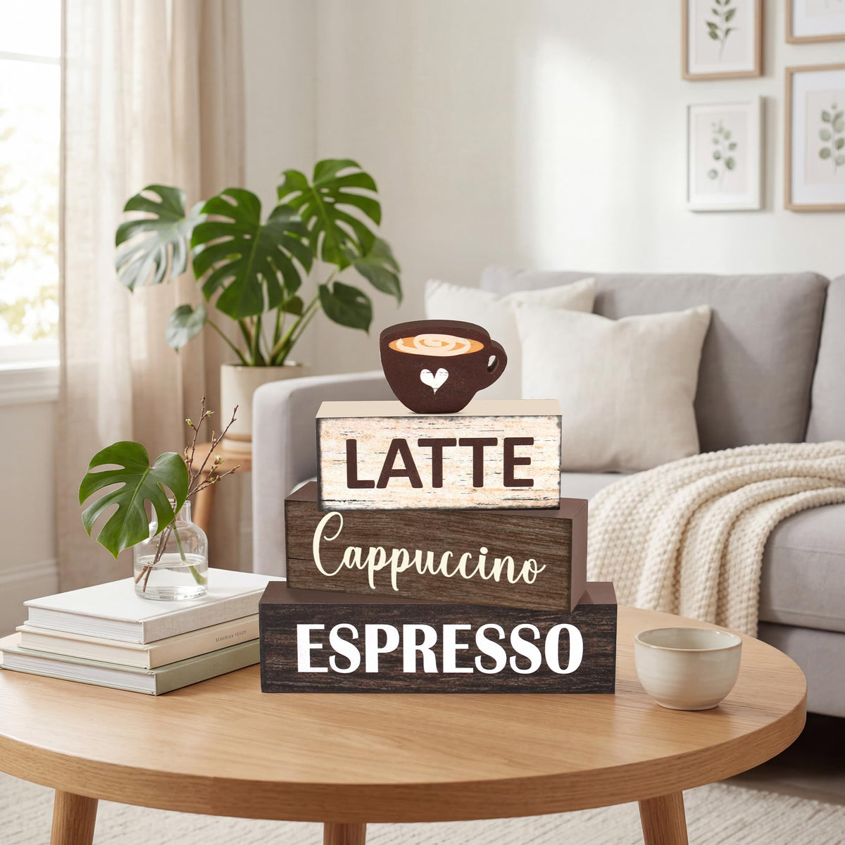 4 Pcs Coffee Farmhouse Wooden Table Decor, Coffee Rustic Tabletop Centerpiece Decorations for Bar Home Office Shelf Kitchen