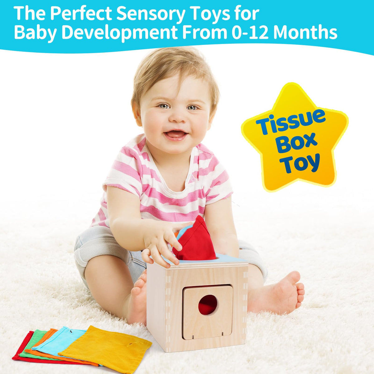 FCSONU Kids Toddler Toys, Montessori Baby Toys 0-6-12 Months, 1 Year Old Wooden Baby Tissue Box Toy for Educational Learning with Cloth Tissues, Boys & Girls Gifts for Birthday Christmas Children Day