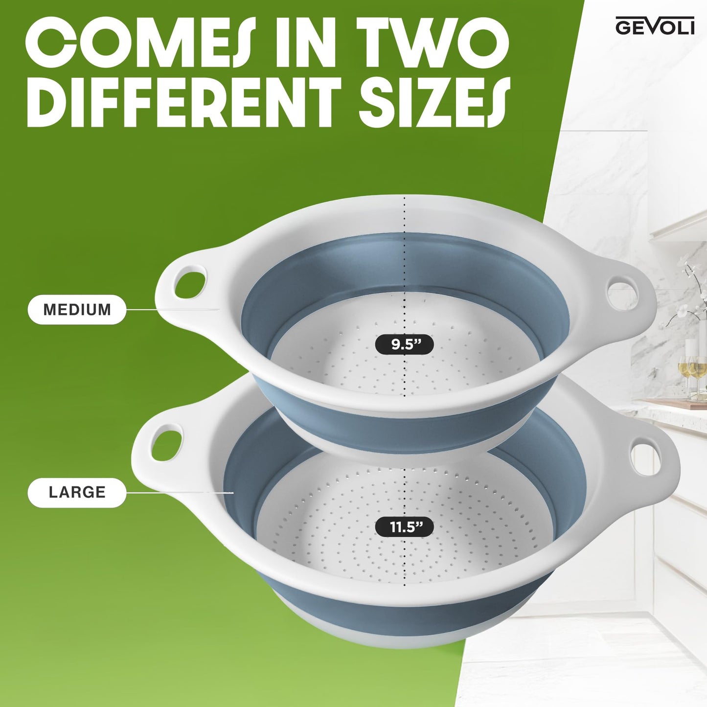 Collapsible Colander Strainer, Includes Over-sink Countertop Draining Base (5QT) Large Kitchen Drainer for Vegetables Fruit and Pasta, Round Foldable Draining Basket, Easy Storage (White)