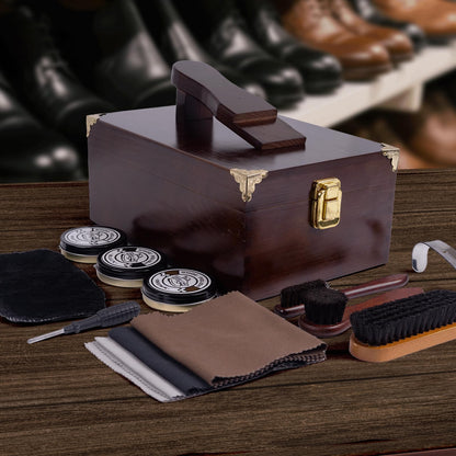 DigNew 10 Pcs Deluxe Shoe Shine Box Set & Shoe Care Polish Kit with Foot Rest, Wooden Care Tools Storage Box Perfect for Multi- Leather Shoes
