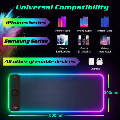 RGB LED Mouse Pad with 15W Wireless Charger Gaming Mouse Pad with 10 Light Modes, Extra Large Mousepad Non-Slip Rubber Base Computer Keyboard Mat for Men