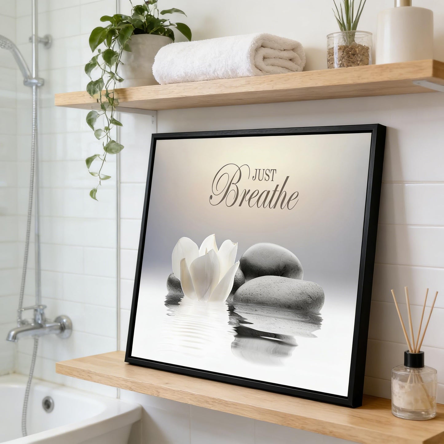MKCIPJWC Black Framed Zen Stone Wall Art Just Breathe Yoga Quotes Wall Decor White Lotus Flower Canvas Print for Spa Bathroom 12x16 Inch