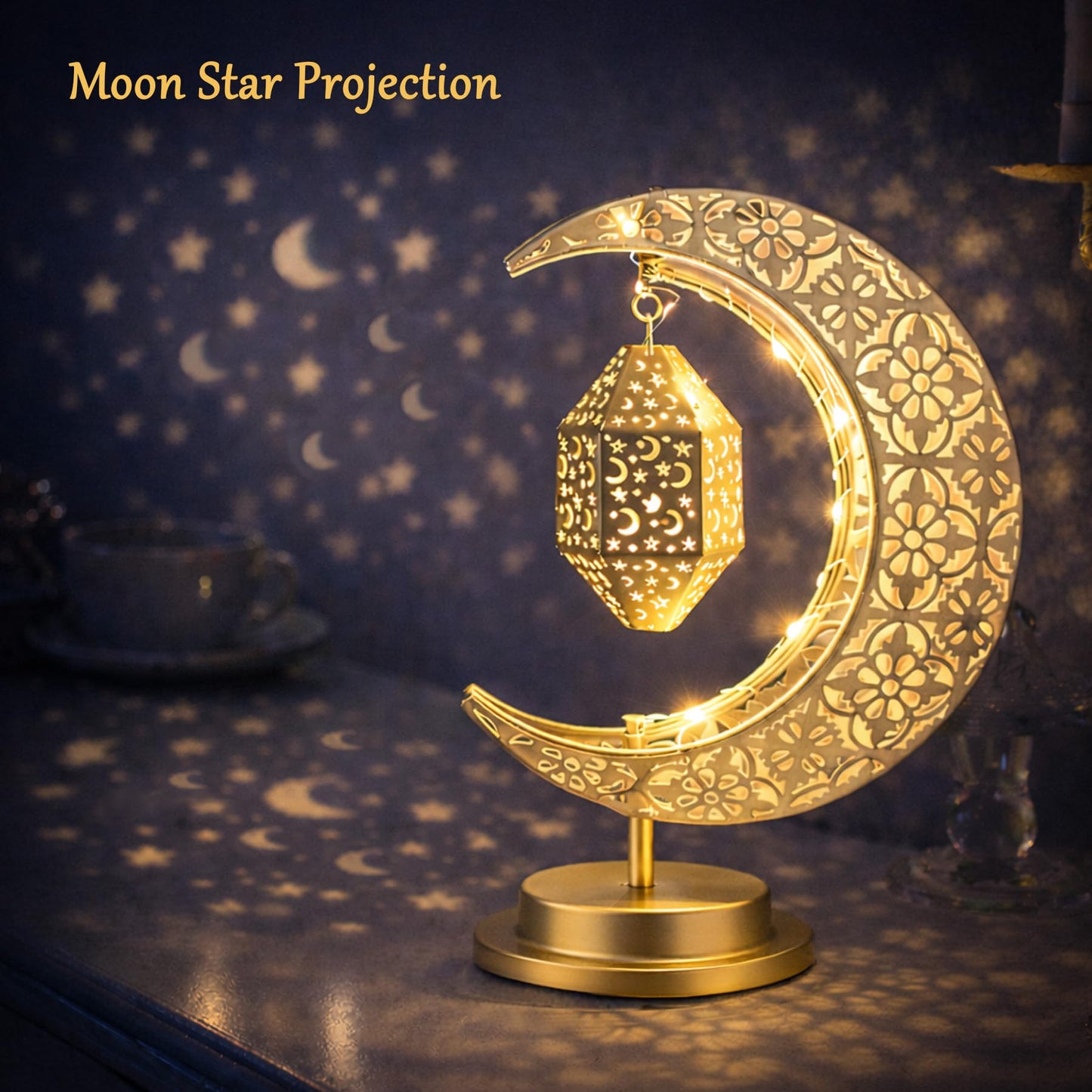 Lifnatty Ramadan Moon Lamp Decorations, Crescent Moon with Ramadan Lantern, Rotating Ramadan Table Lamp, Ramadan Decorations for Home, Eid Mubarak Decorations, Battery Operated Metal Eid Gifts