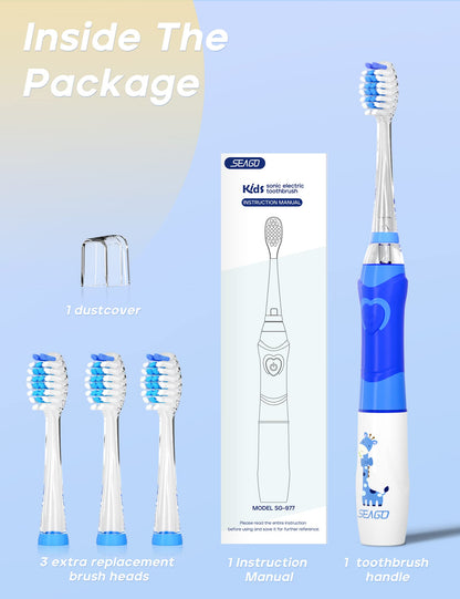 SEAGO Kids Electric Toothbrush with 2 Mins Brushing Timer and 4 Replacement Bursh Heads, Rainbow LED Light Make Brushing Fun, Boys Battery Powerd Toothbrush for 4-12 Years Old，SG-977 (Light Blue)