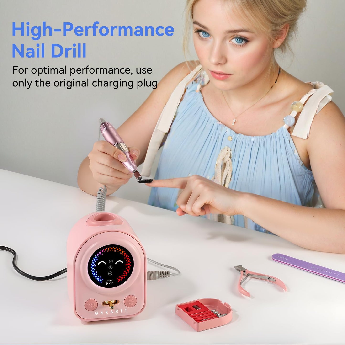 Makartt Electric Nail Drill - 35000RPM Rechargeable Efile with Coreless Motor, Nouvella Portable Nail Filer Machine for Acrylic Gel Removal with Drill Bits Set, Black