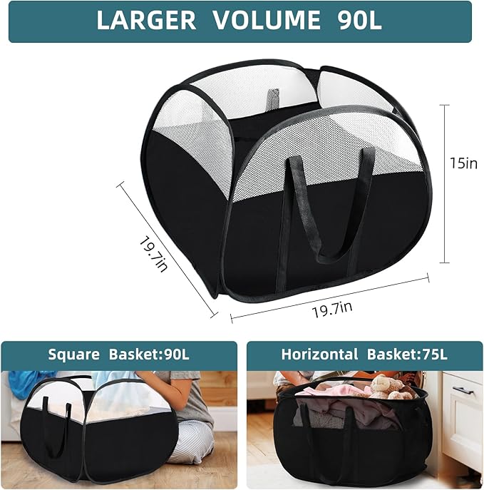2 Pack Collapsible Laundry Baskets, 90L Large Foldable Laundry Basket, Pop Up