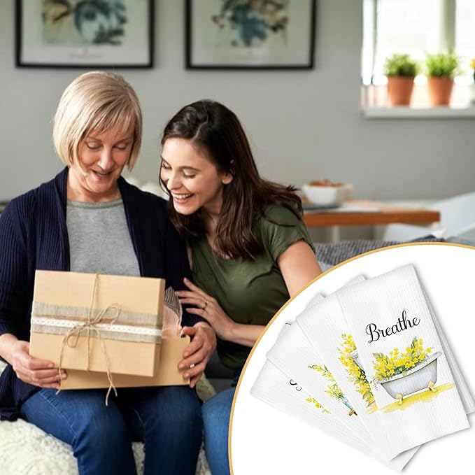 Farmhouse Yellow Botanical Bathroom Hand Towels, Relax Breathe Soak Unwind