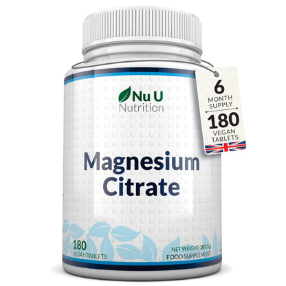 Magnesium Citrate 700mg - 180 Vegan Tablets - 6 Month Supply - 200mg of Elemental Magnesium Tablets - Made in The UK - Nu U Nutrition