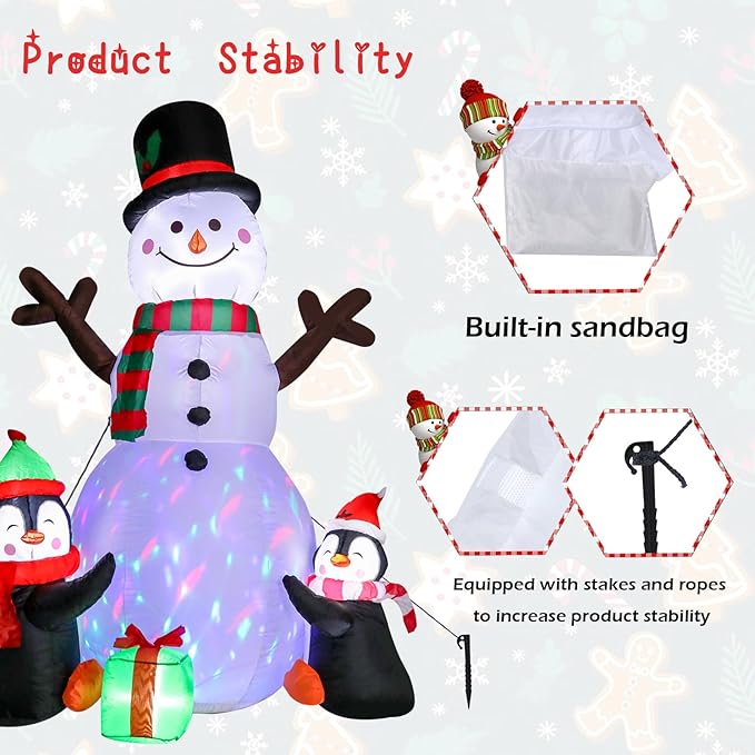 6 FT Christmas Inflatable Decorations, Infaltables Snowman with 2 Penguins Built-in Twinkle Colorful LED Lights Christmas Blow up Yard Decorations for Xmas Garden Patio Lawn Decor