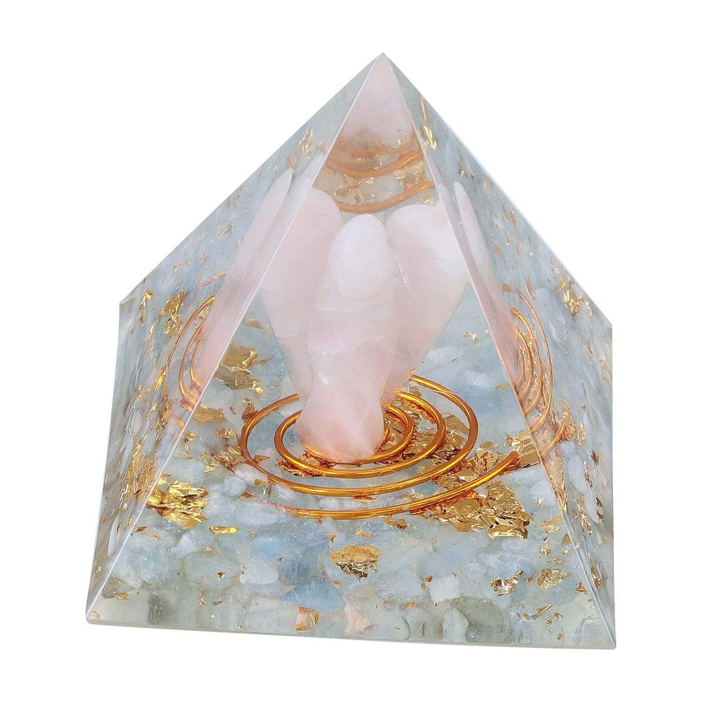 mookaitedecor Aquamarine Crystal Orgone Pyramid with Rose Quartz Guardian Angel and Tumbled Stones Orgonite Energy Generator for Protection Reiki Home Decor
