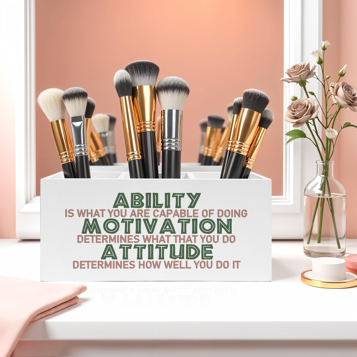FITIE Motivational Office Pencil Pen Holder for Desk, Ability Motivation Attitude Wooden Pencil Holder Organizer for Home Office Desk Accessories, Encouragement Gifts for Women
