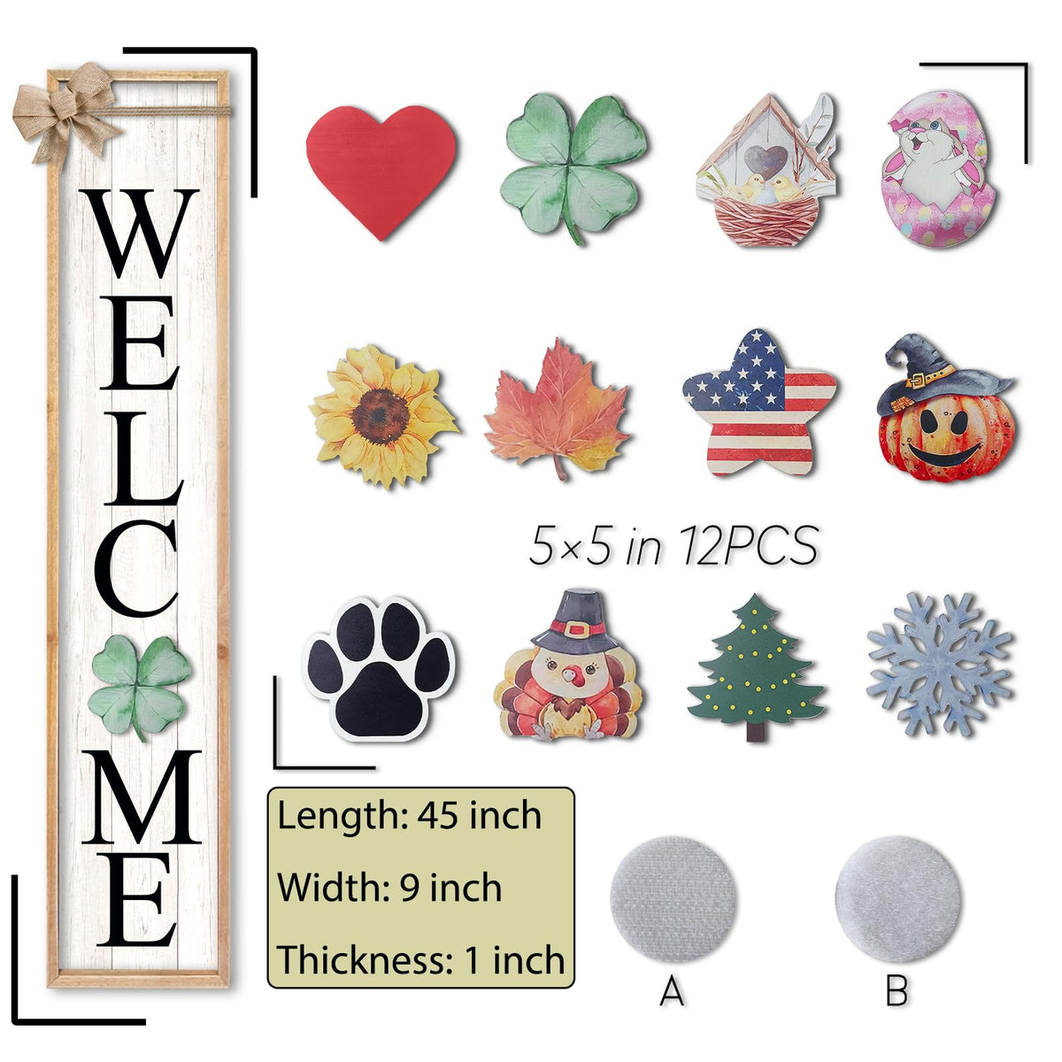TQianJiang Interchangeable Welcome Sign for Front Porch Standing 45"X9" 12 Pcs Replaceable Signs Vertical Leaner Wood Framed Outdoor Decor (Wood White)