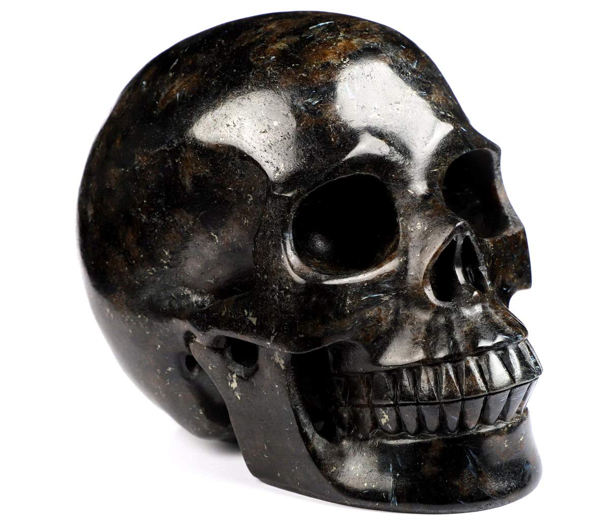 Skullis 5.0" Russian Arfvedsonite Crystal Skull, Hand Carved Gemstone Fine Art Sculpture, Reiki Healing Stone Statue.