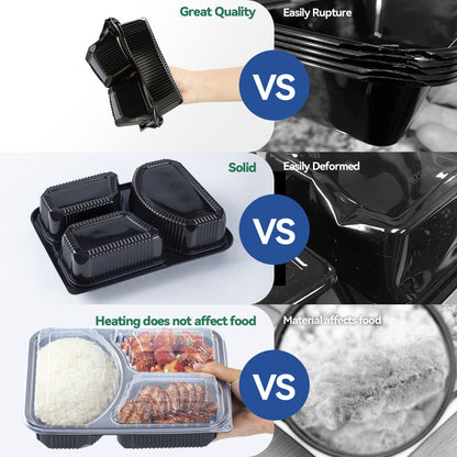 EKOSAVOR Take Out Containers 38 oz 40 Pack - Shrink Wrapped 3 Compartment Leakproof Catering | BPA Free PP Plastic Microwave & Freezer Safe | Flexible Reusable Commercial Black Lunch Boxes with Lid