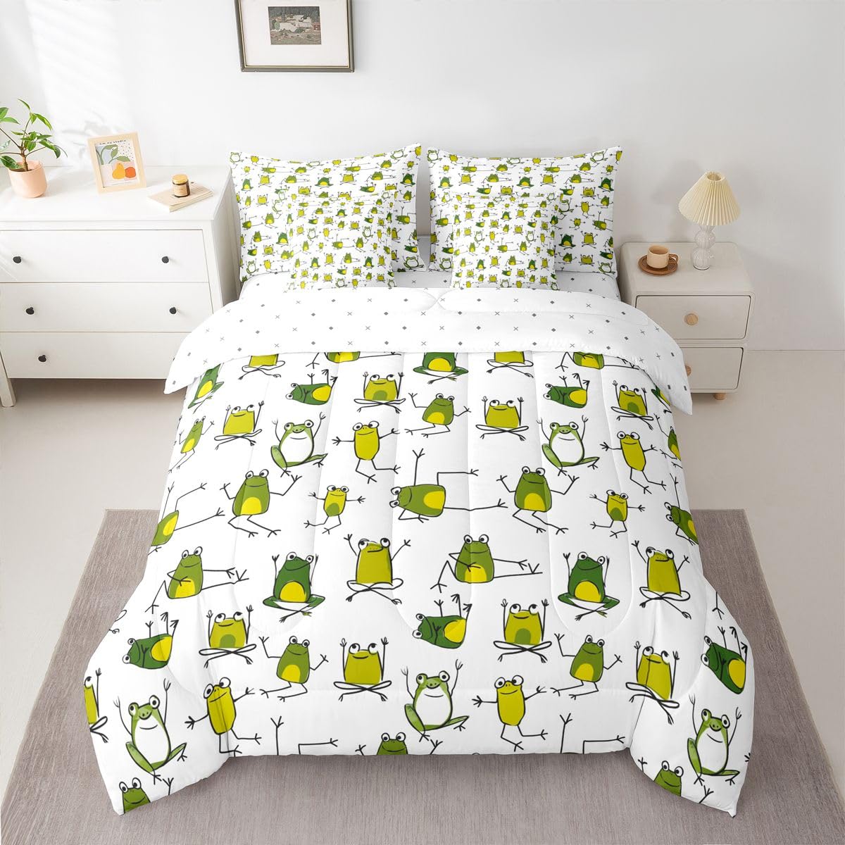 Erosebridal Green Frog Bed in a Bag Queen Comforter Set 7-Piece | Funny Frog Bedding Sets Cartoon Wild Animals Comforter and Sheet Set, Cute Reptile Lovely Wildlife Room Decor