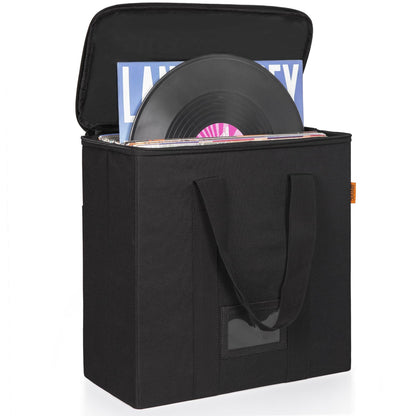 IBVIVIC Vinyl Record Storage Box with Lids and Handle Vinyl Album Storage Case Bag for 7/10/12 inch LP, Collapsible Crate Holds up 50+ Single Record (Black)