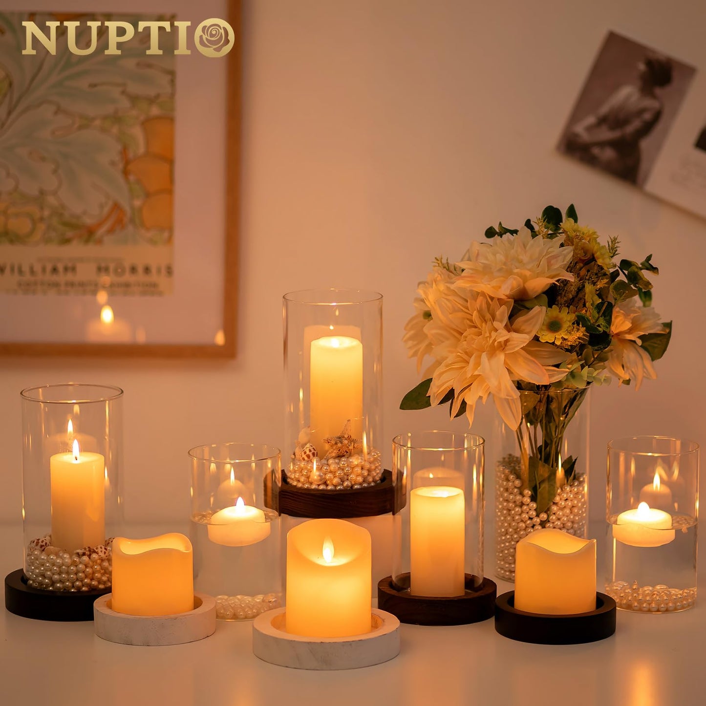 NUPTIO Hurricane Candle Holder for Wedding: Glass Cylinder Vase with Distressed White Wood Plate - Set of 2 Tall Pillar Candles Holder for Christmas Thanksgiving Holiday Decoration