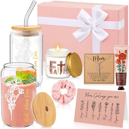SilTriangle 10 Pcs Christian Gifts for Mom Faith Religious Bible Box Gift Set for Mother Women Glass Cup Candle Cross Necklace Hand Cream Hair Tie Greeting Card Birthday(Pink)