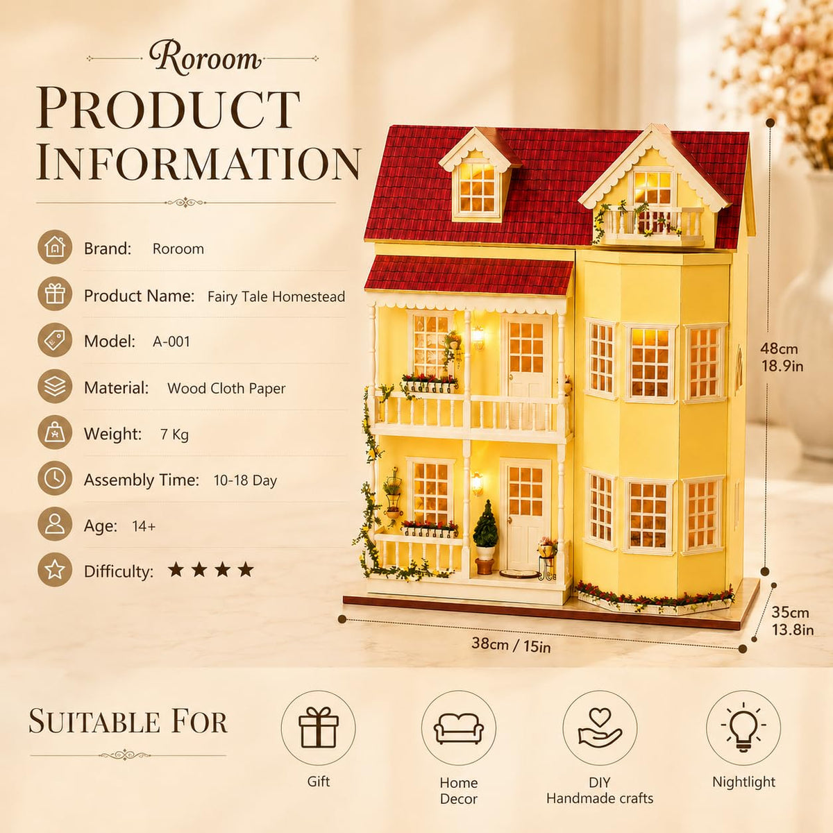 Roroom DIY Miniature House Kit, Fairy Tale Homestead Dollhouse Kit
