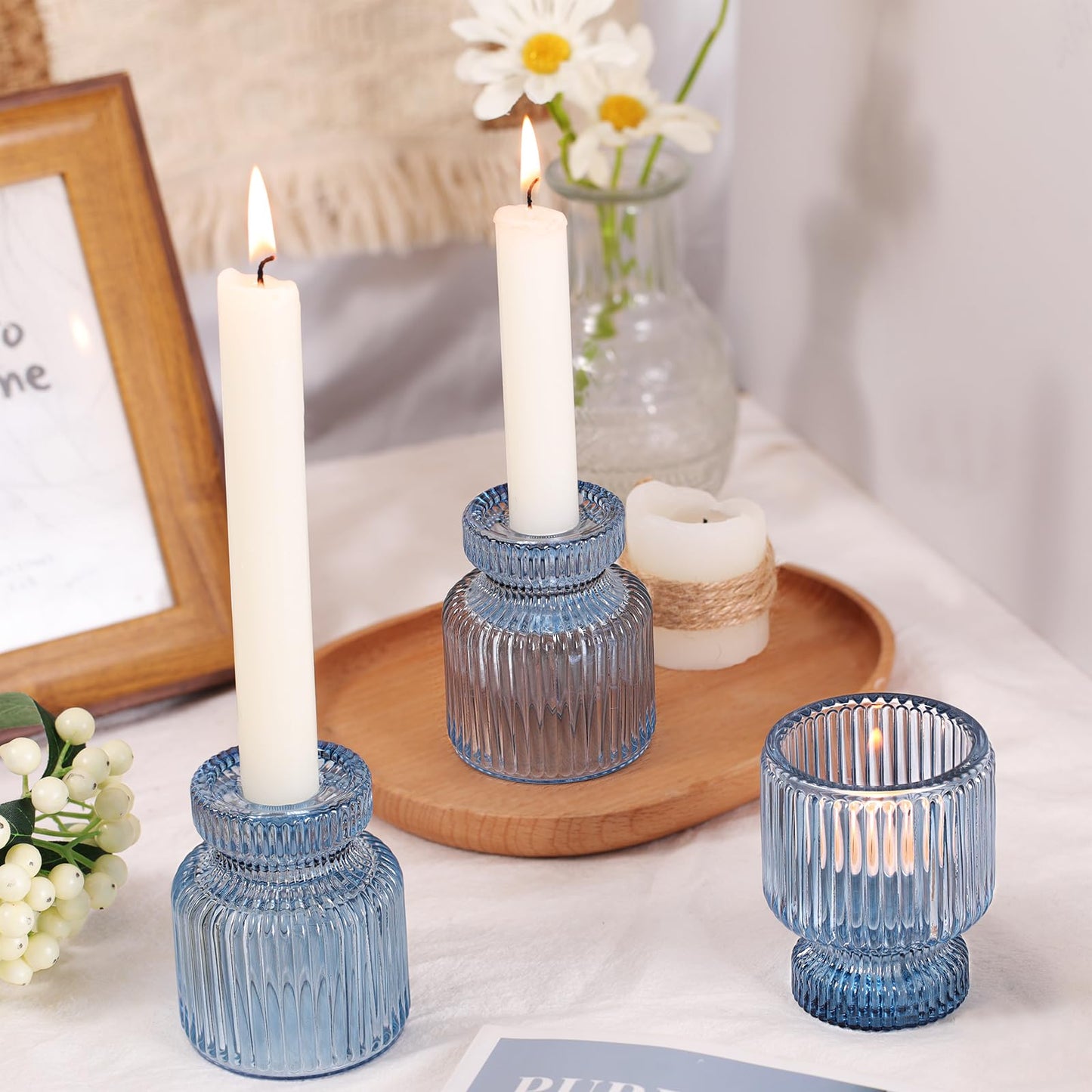 DARJEN 6 Pcs Blue Glass Candlestick Holders with Vertical Stripes - Irregular Shaped, Dual-Use for Taper Candles & Votive/Tea Lights, Candle Holders for Dining Table, Wedding, Party, Home, Gifts