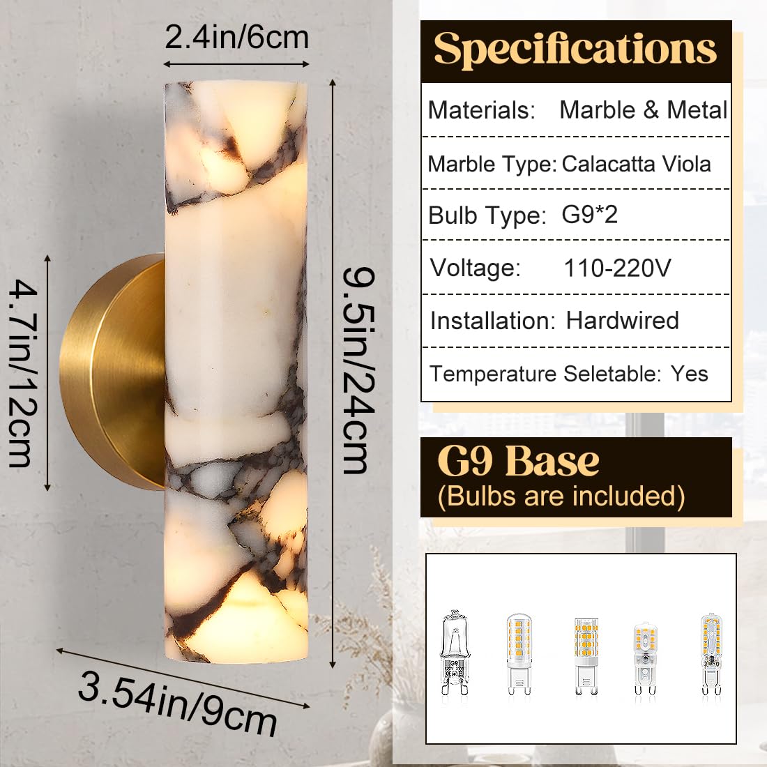 KAKINOTE Marble Wall Sconce,Calacatta Viola Alabaster Wall Sconce 9.5”Modern Natural Stone Wall Lamp for Bedroom,Bathroom Vanity,Hallway & Bedside,Hardwired G9 Base,Up and Down Lighting Fixtures