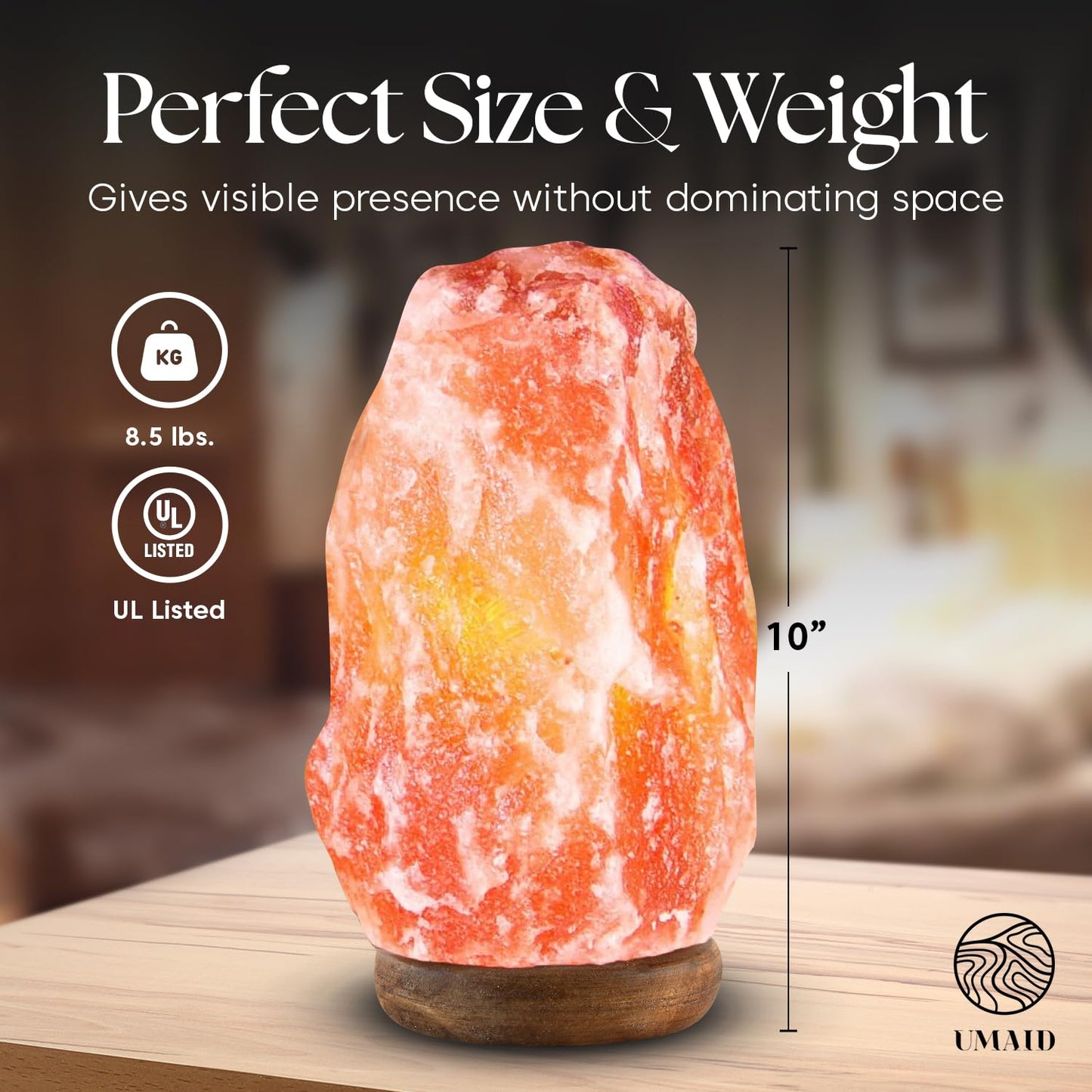 UMAID Himalayan Salt Lamp 8–10"(7–11 lb) Dimmable Pink Rock Salt Lamp with Wooden Base & Night Light Bulb, Spa Decor for Meditation Room, Massage Stones Ambiance, Desk & Bedroom,Gifts for Men & Women