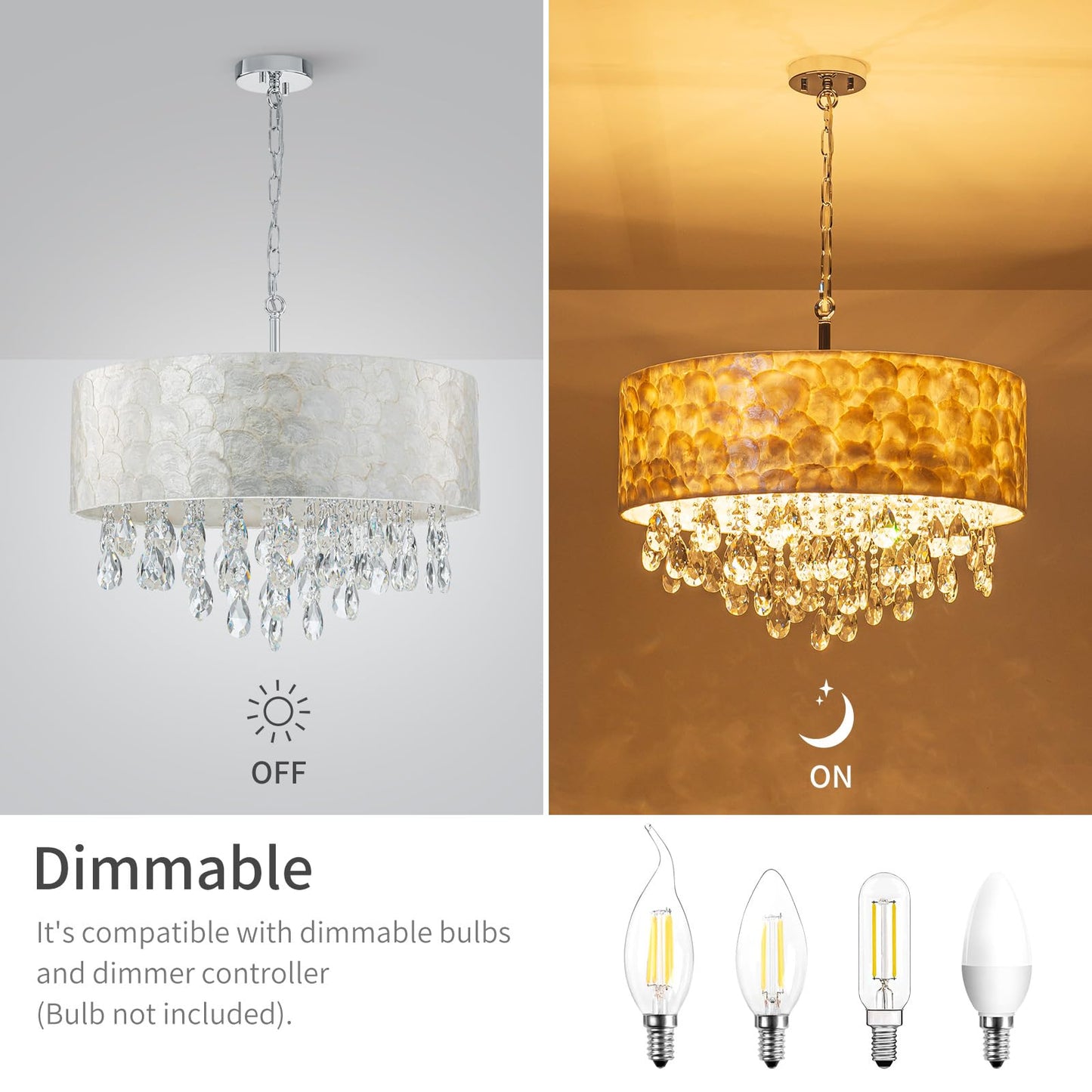 LumFurn X-Large D24in Drum Capiz Shell Crystal Chandeliers, 6-Light Coastal Style Light Fixture for Dining Room, Living Room, D24xH23~71in(Adjustable), K9 Crystal, Shell Lampshade & Chrome Finish