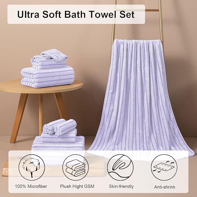 4 Pcs Light Purple Cabana Stripe Large Bath Towels 35"x70" Oversized Bath Sheet